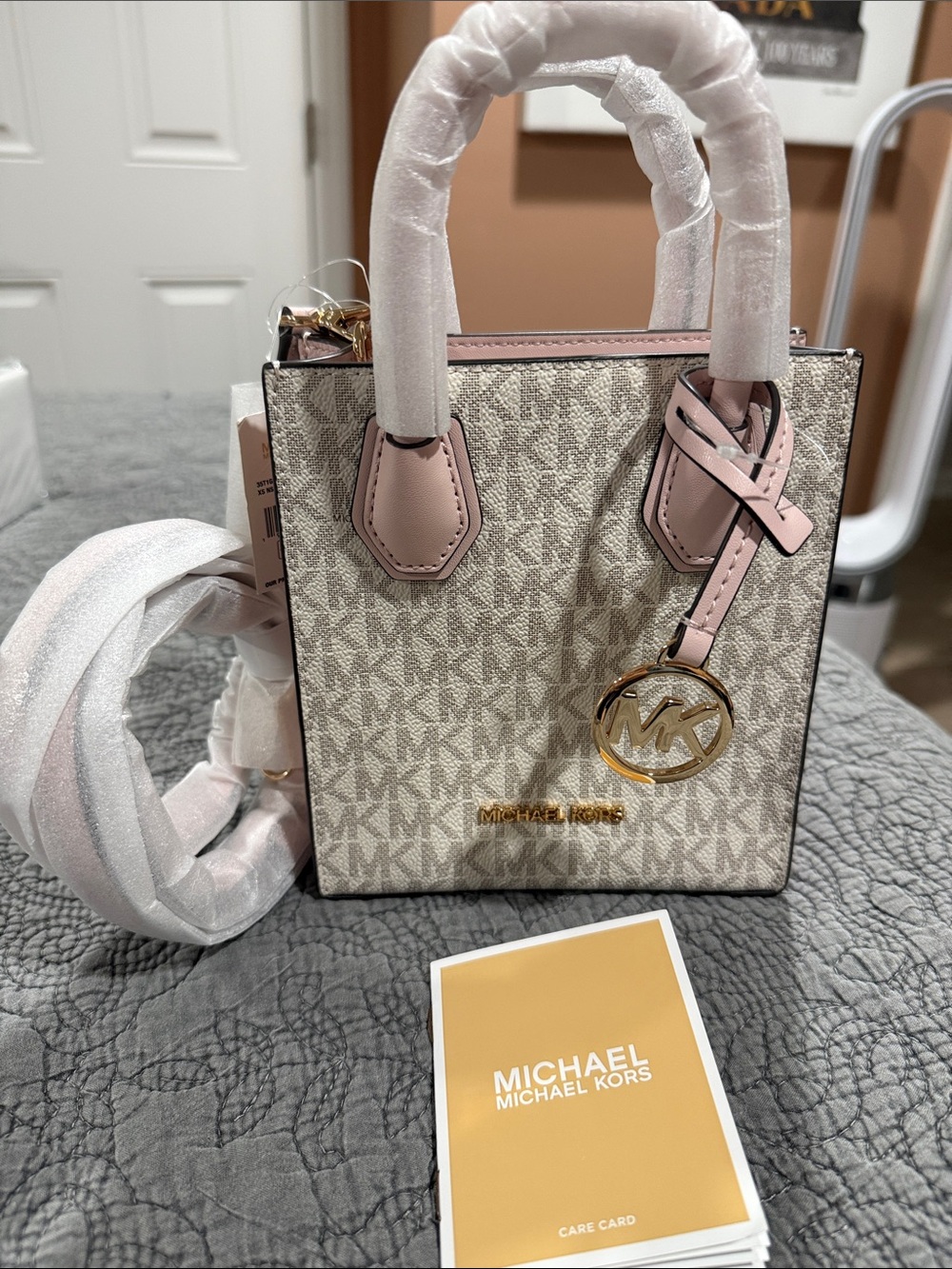 NWT Michael Kors Mercer Cream Monogram Mini Tote with Powdered Blush Trim